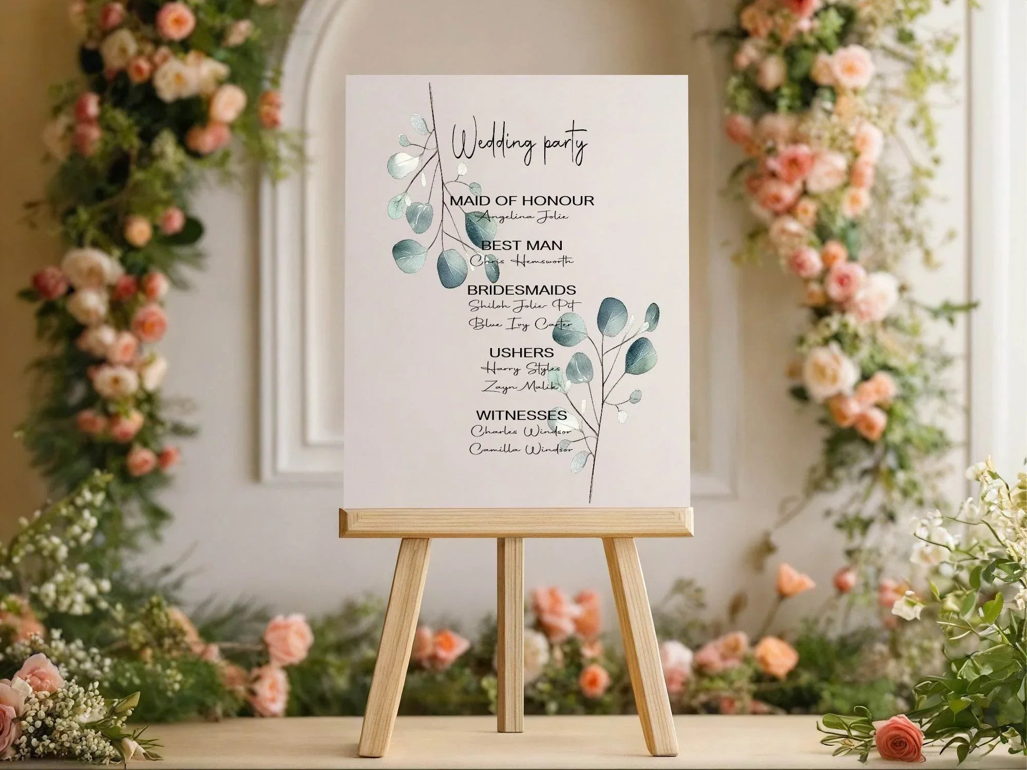 Eucalyptus Wedding Party Sign - List Special Roles - Larosier Prints