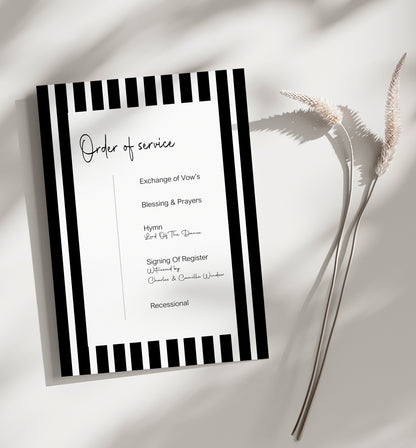 Black & White Stripe Order Of Service Wedding Party Sign