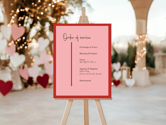 Red & Pink Order Of Service Wedding Party Sign