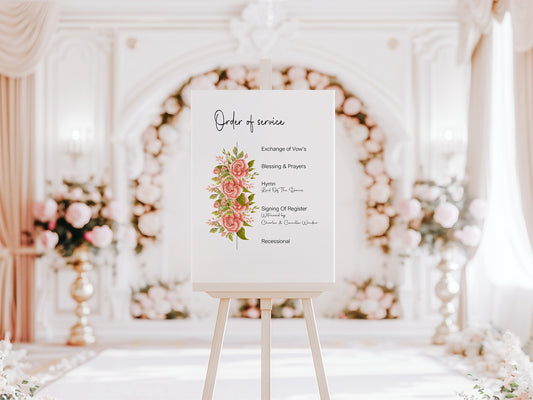Pink Rose Order Of Service Wedding Party Sign
