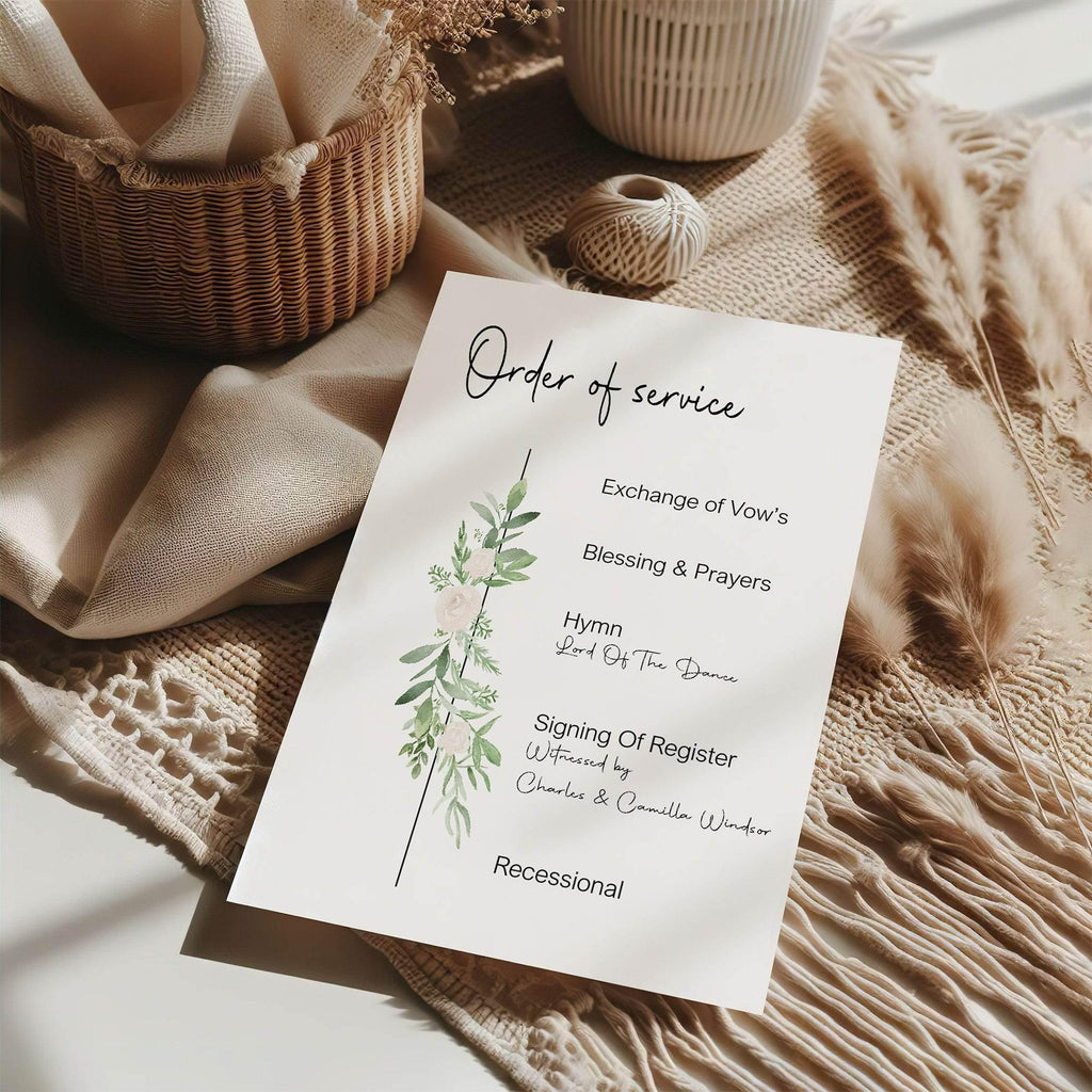 Green & White Rose Order Of Service Wedding Party Sign - Larosier Prints