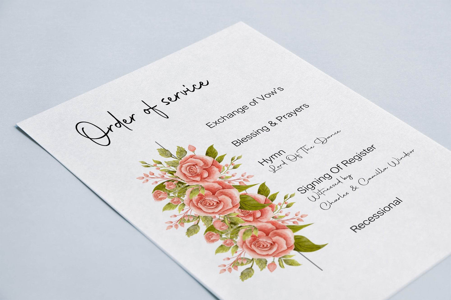 Pink Rose Order Of Service Wedding Party Sign