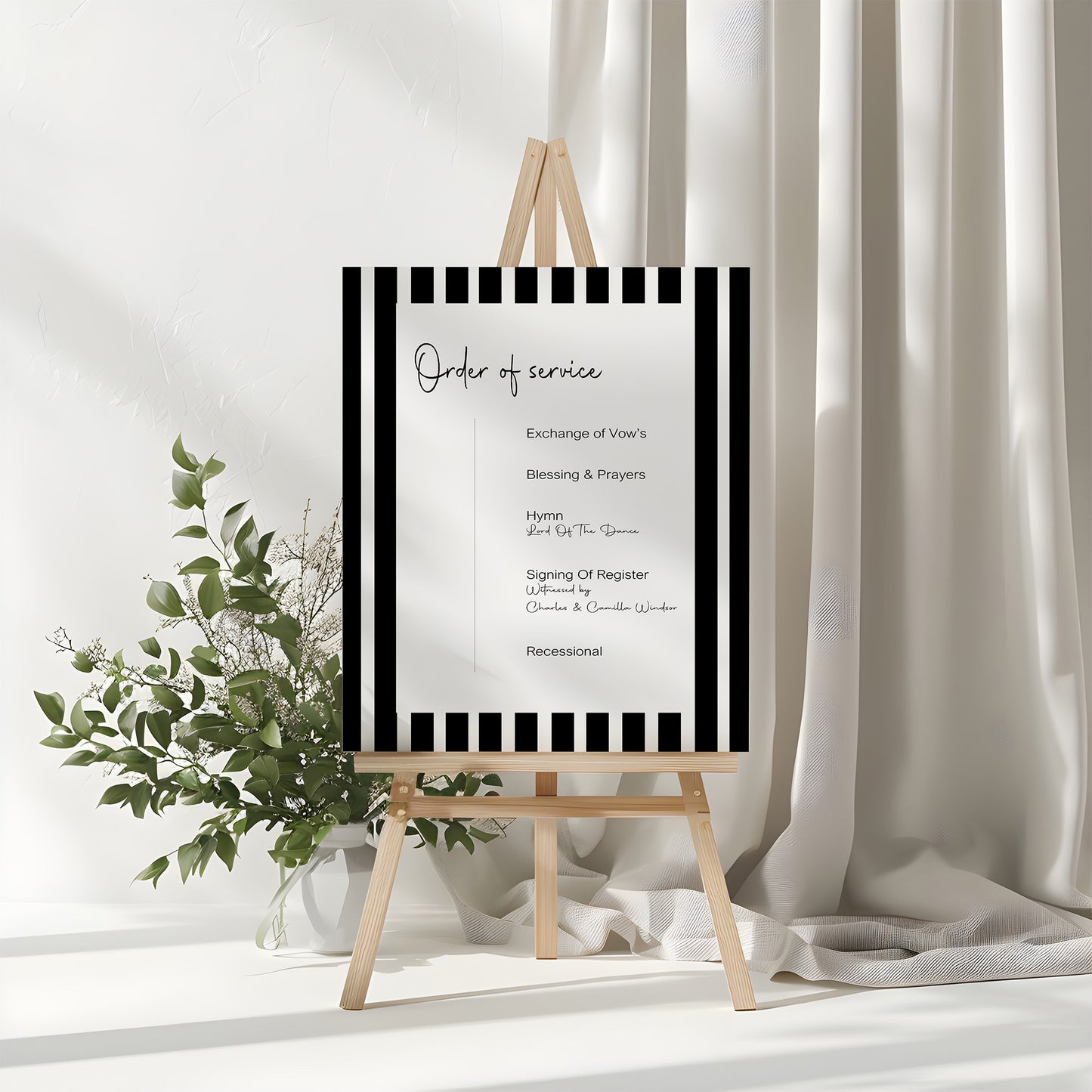 Black & White Stripe Order Of Service Wedding Party Sign