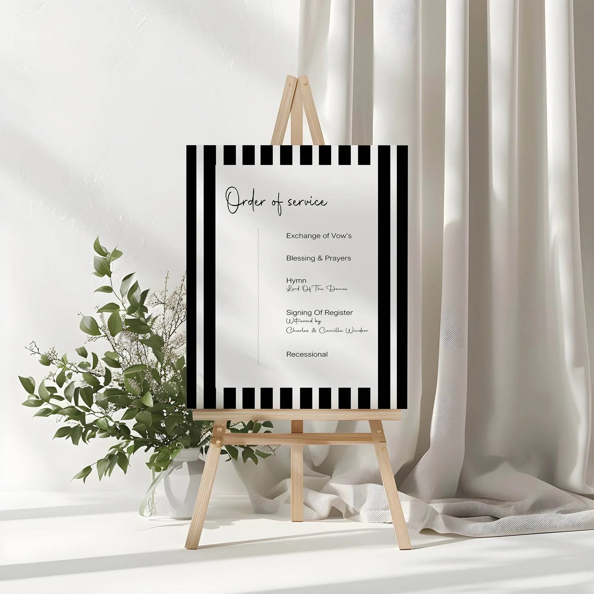 Black & White Stripe Order Of Service Wedding Party Sign - Larosier Prints