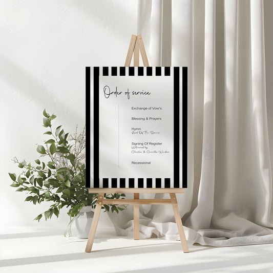 Black & White Stripe Order Of Service Wedding Party Sign