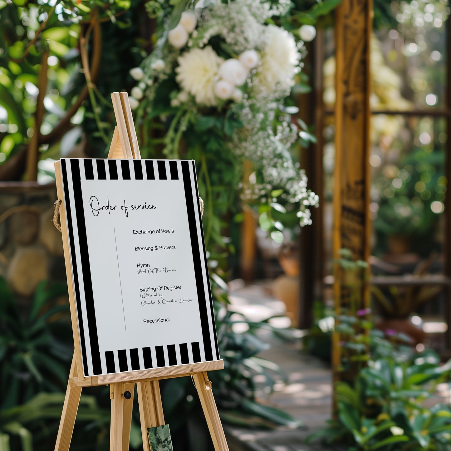 Black & White Stripe Order Of Service Wedding Party Sign