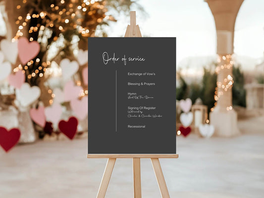 Minimalist Noir Order Of Service Wedding Party Sign