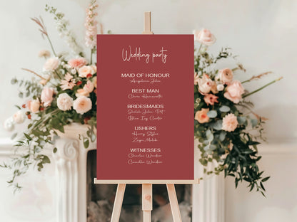 Rosewood Wedding Party Sign - List Special Roles