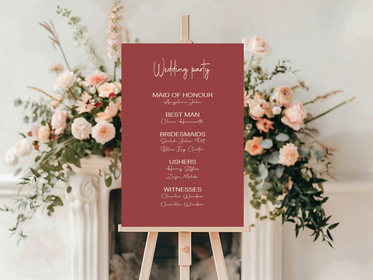 Rosewood Wedding Party Sign - List Special Roles