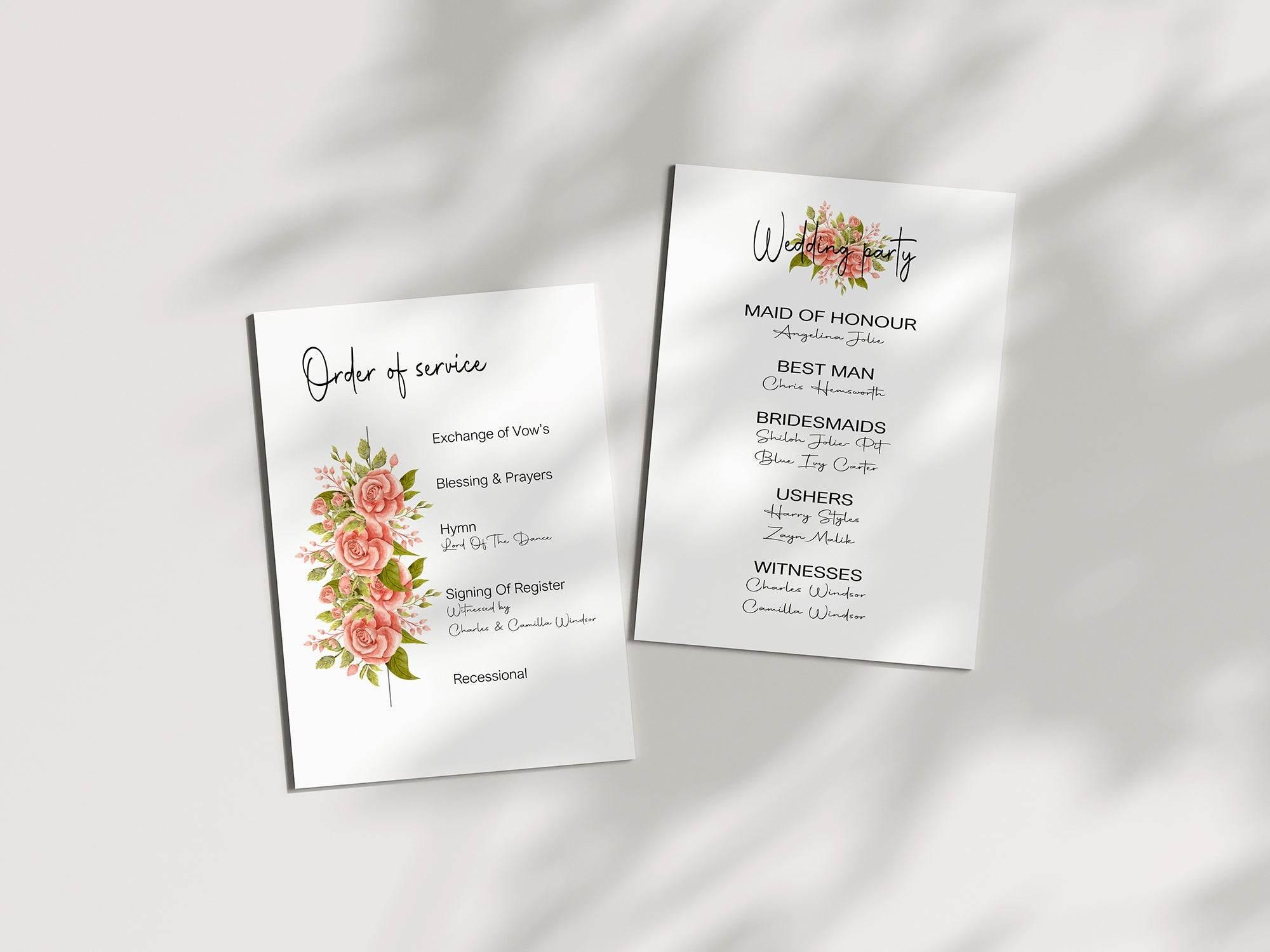 Pink Rose Order Of Service Wedding Party Sign - Larosier Prints