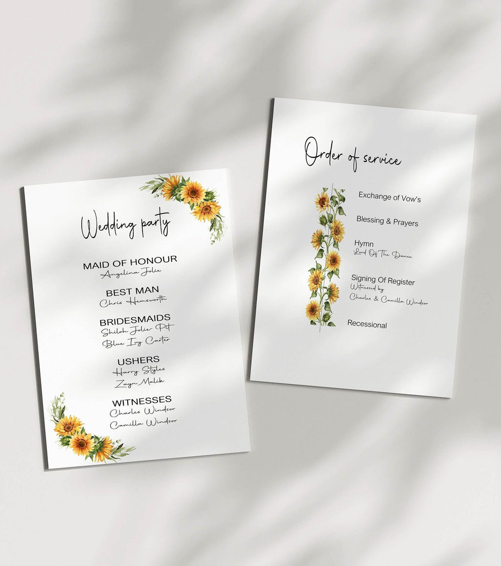 Sunflower Order Of Service Wedding Party Sign - Larosier Prints