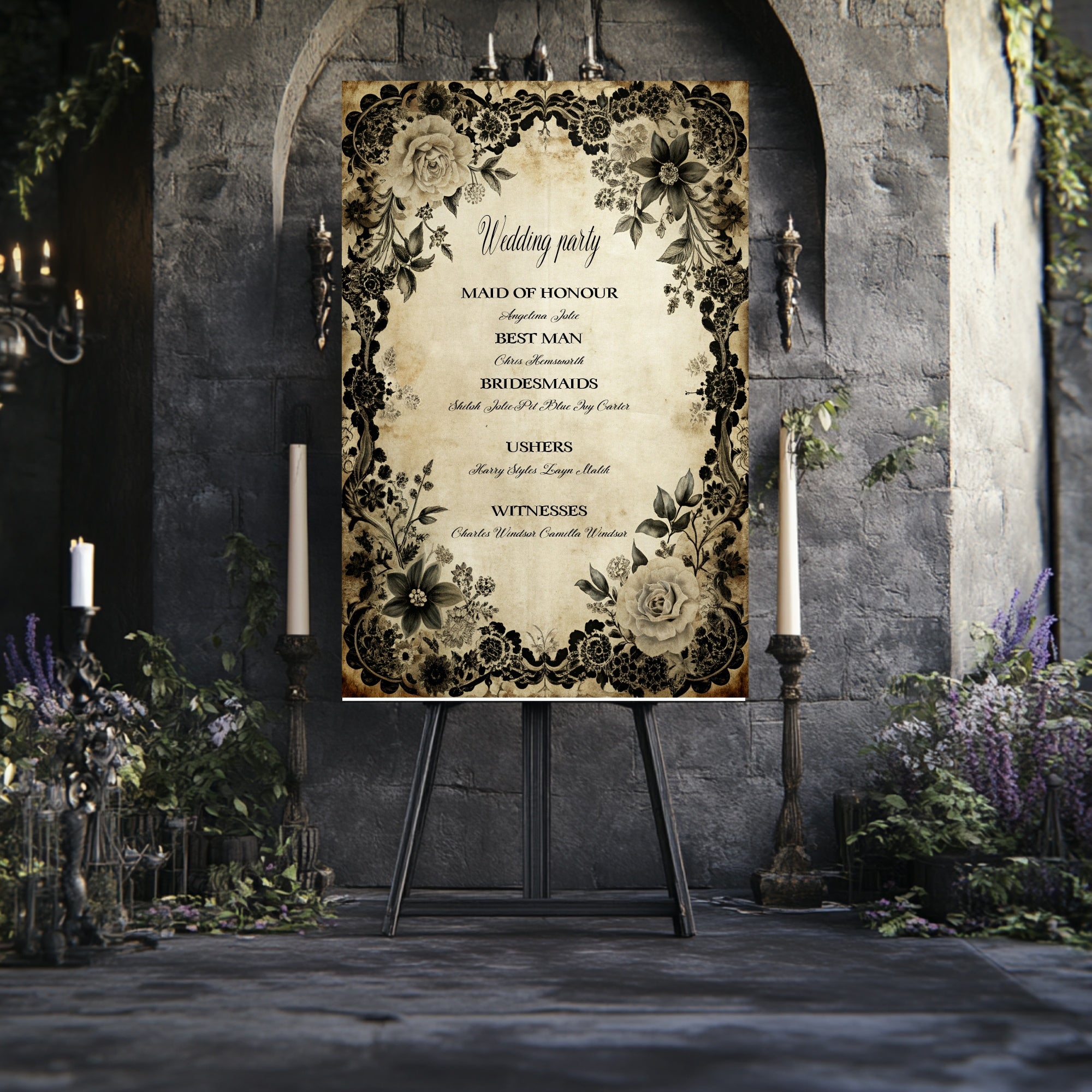 Black Rose Wedding Party Roles Sign