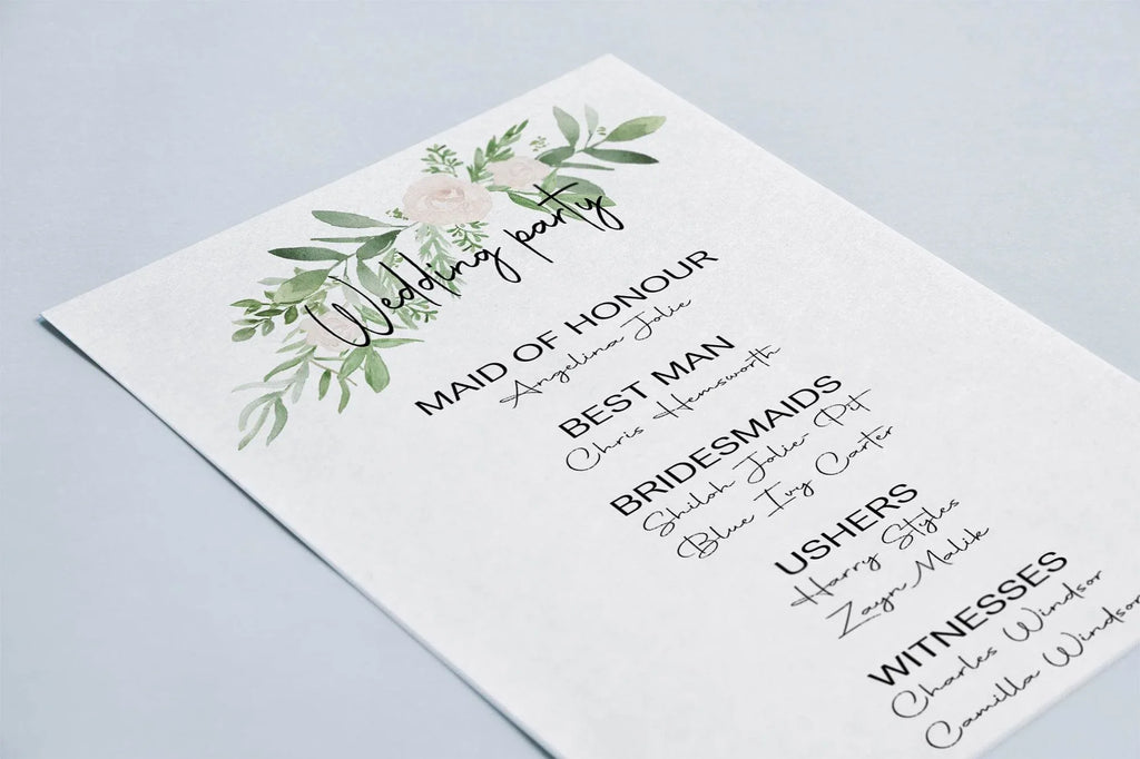 Green & White Rose Wedding Party Sign - List Special Roles - Larosier Prints