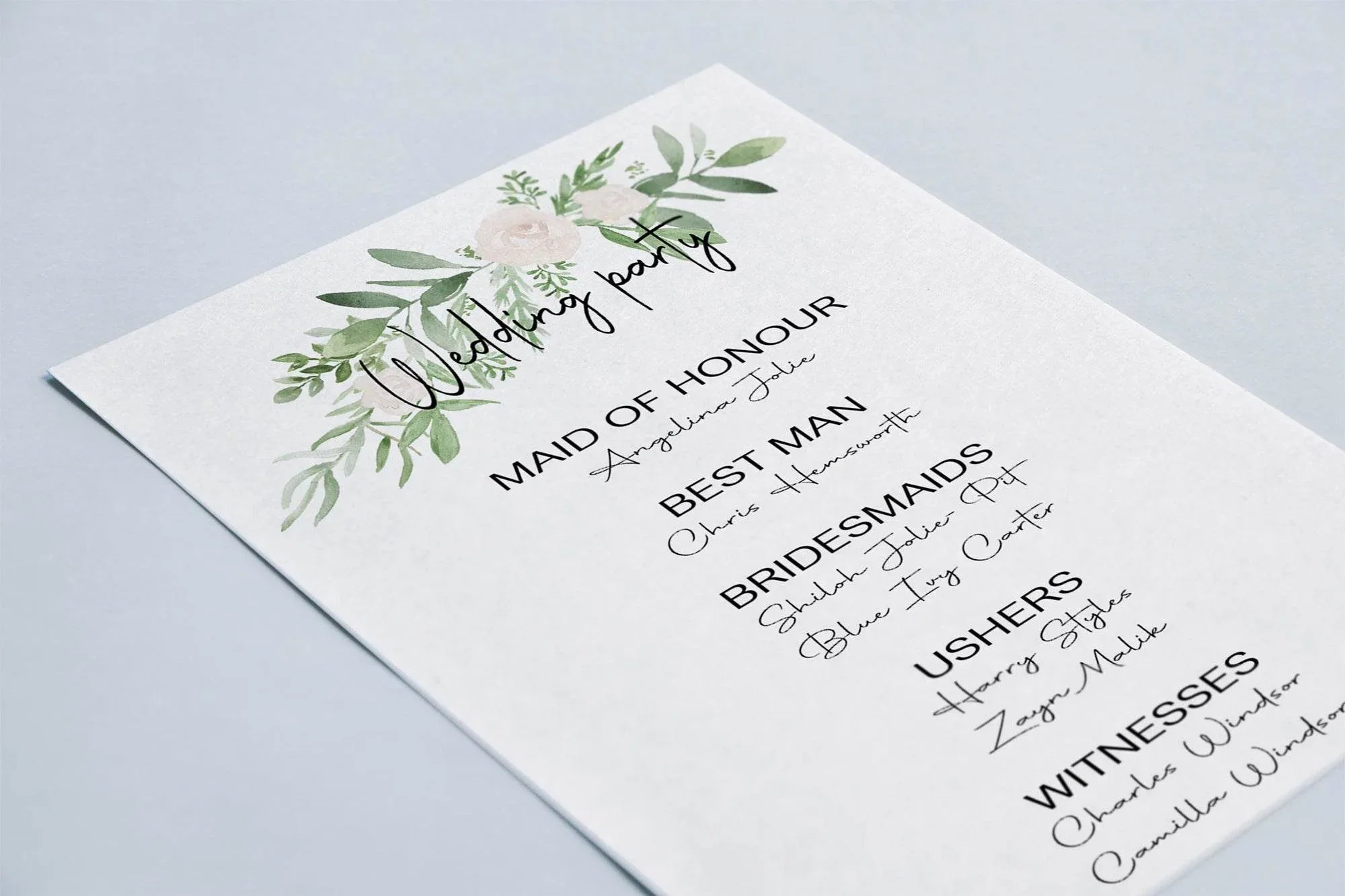 Green & White Rose Wedding Party Sign - List Special Roles - Larosier Prints