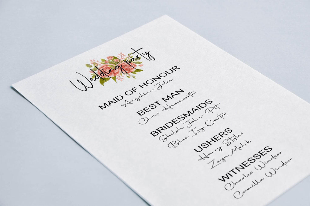 Pink Rose Wedding Party Sign - List Special Roles - Larosier Prints