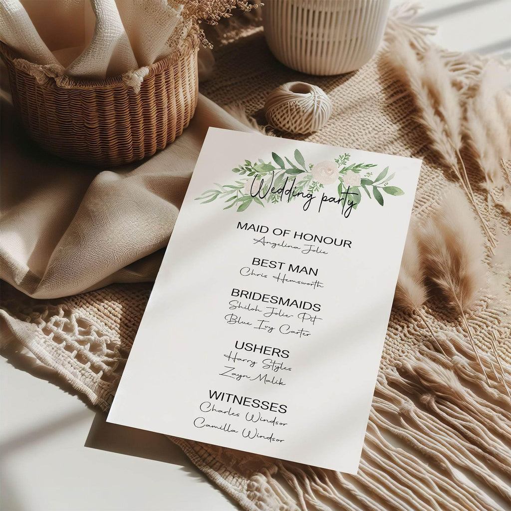 Green & White Rose Wedding Party Sign - List Special Roles - Larosier Prints