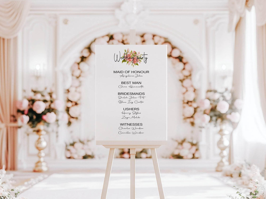 Pink Rose Wedding Party Sign - List Special Roles - Larosier Prints