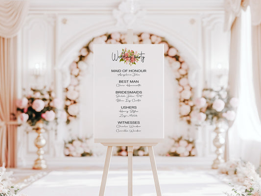 Pink Rose Wedding Party Sign - List Special Roles