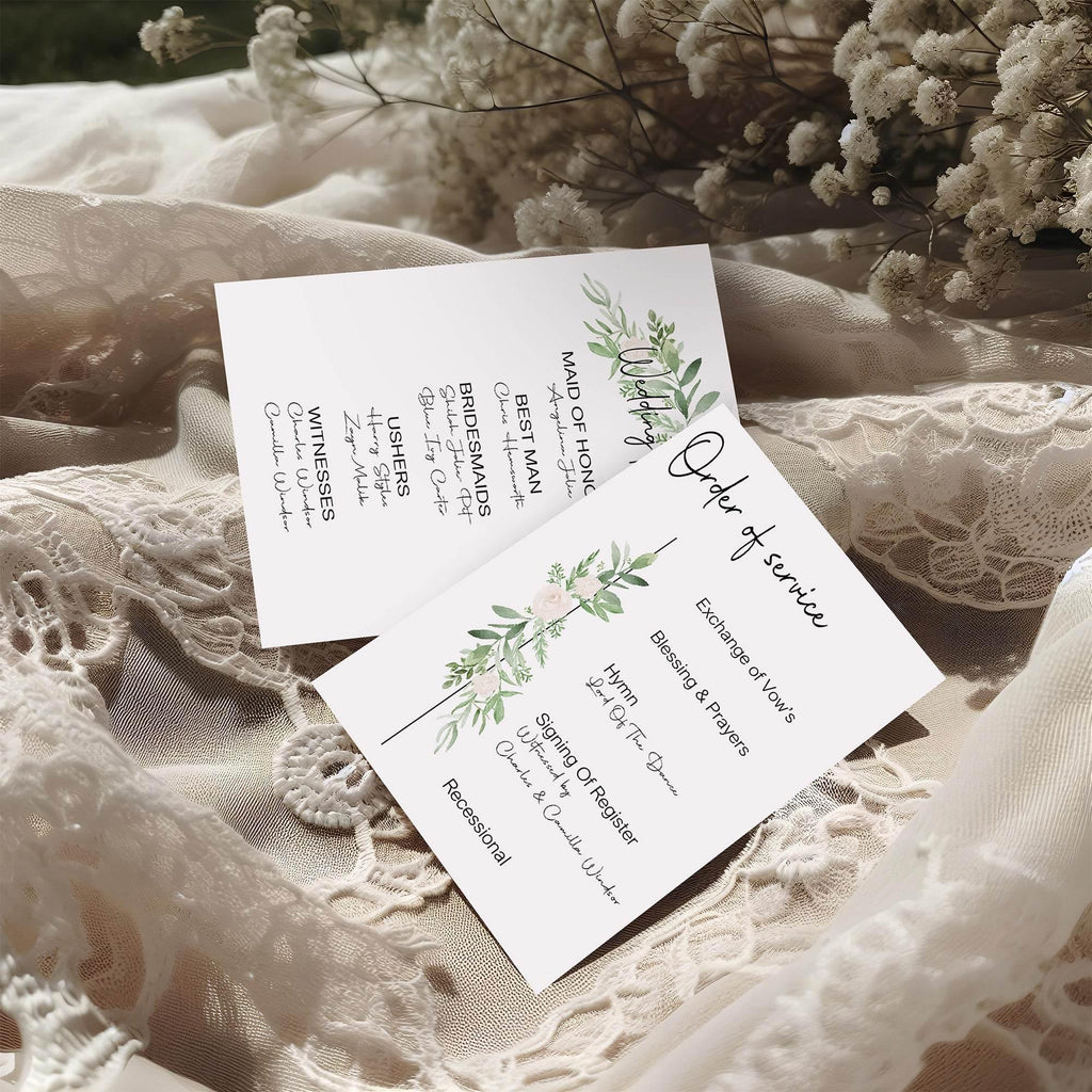 Green & White Rose Order Of Service Wedding Party Sign - Larosier Prints