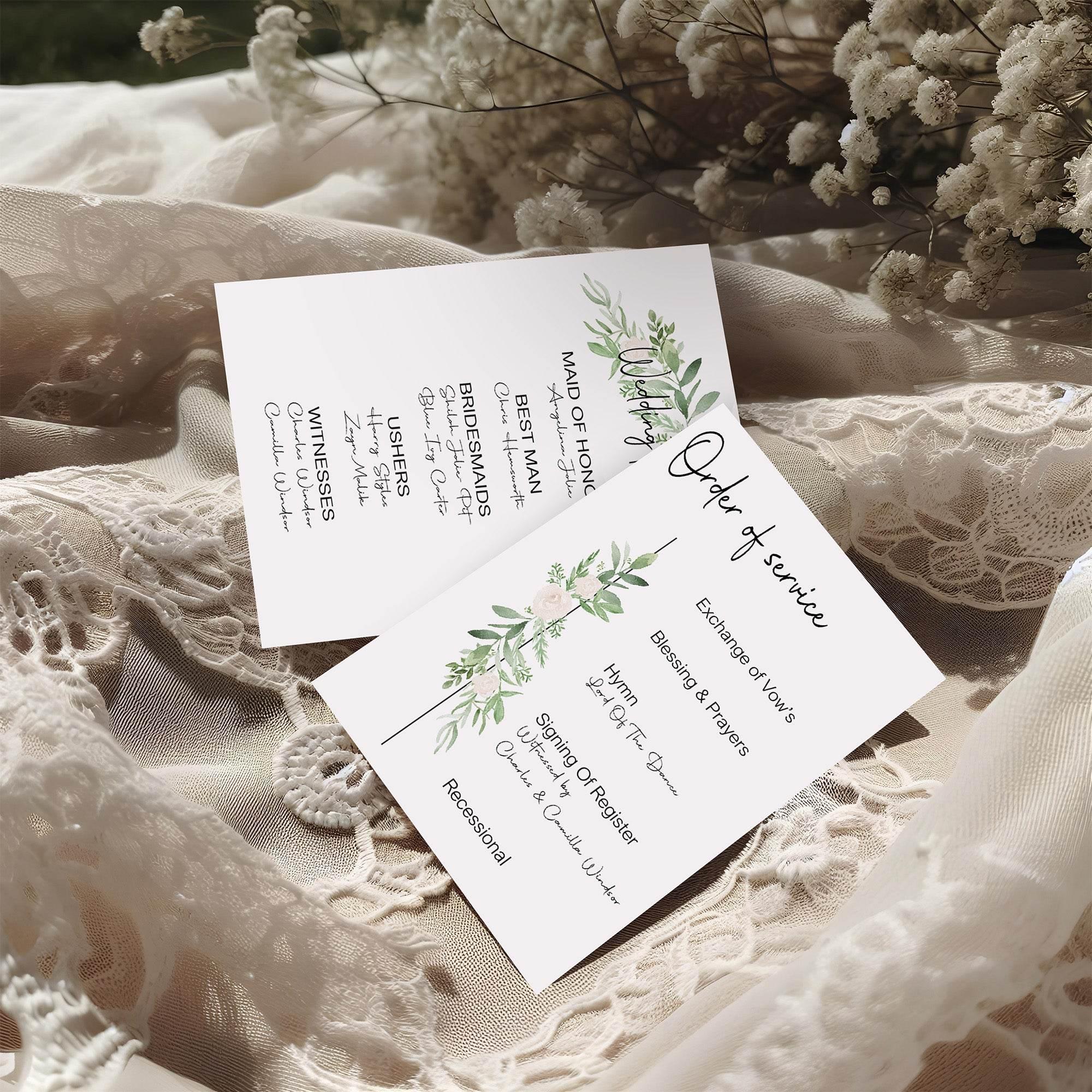 Green & White Rose Order Of Service Wedding Party Sign - Larosier Prints