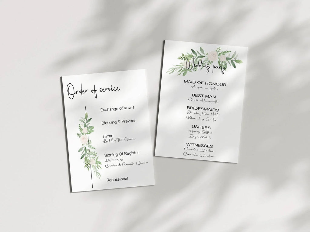 Green & White Rose Order Of Service Wedding Party Sign - Larosier Prints