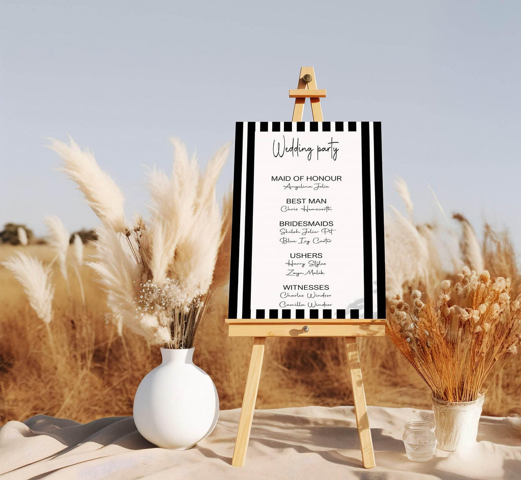 Black & White Stripe Wedding Party Sign - List Special Roles - Larosier Prints