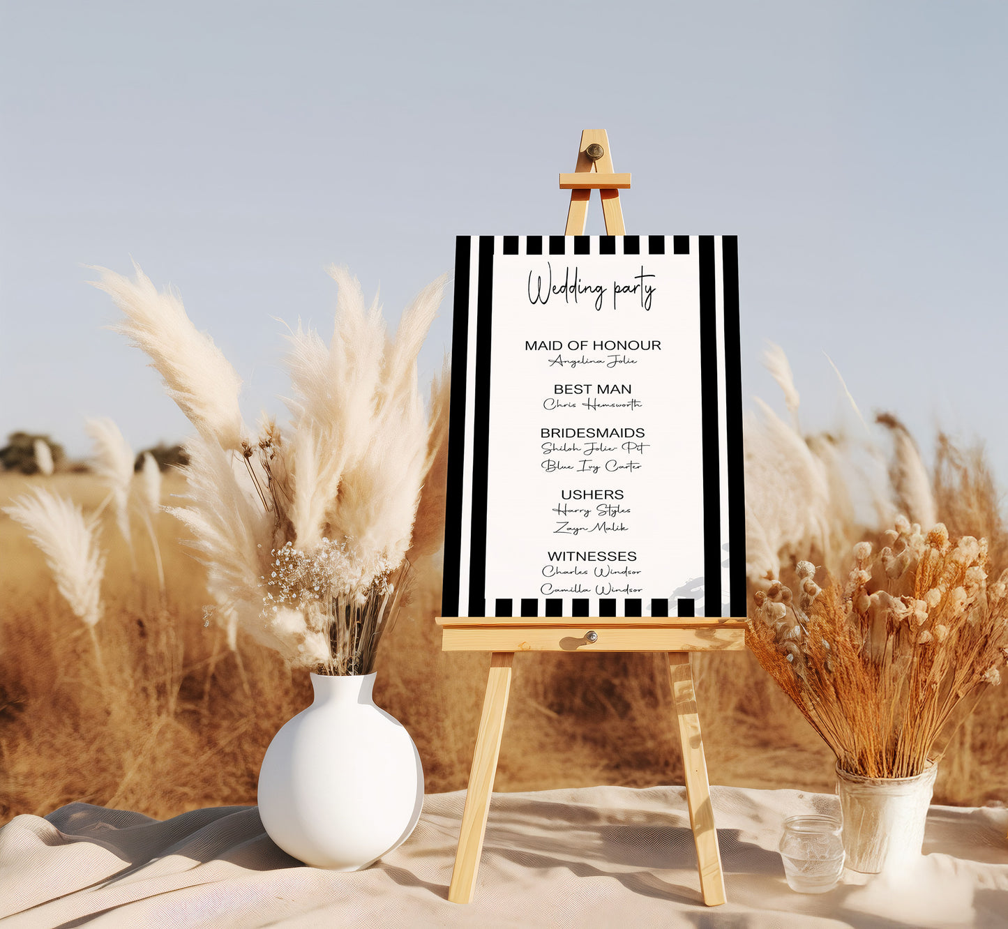Black & White Stripe Wedding Party Sign - List Special Roles