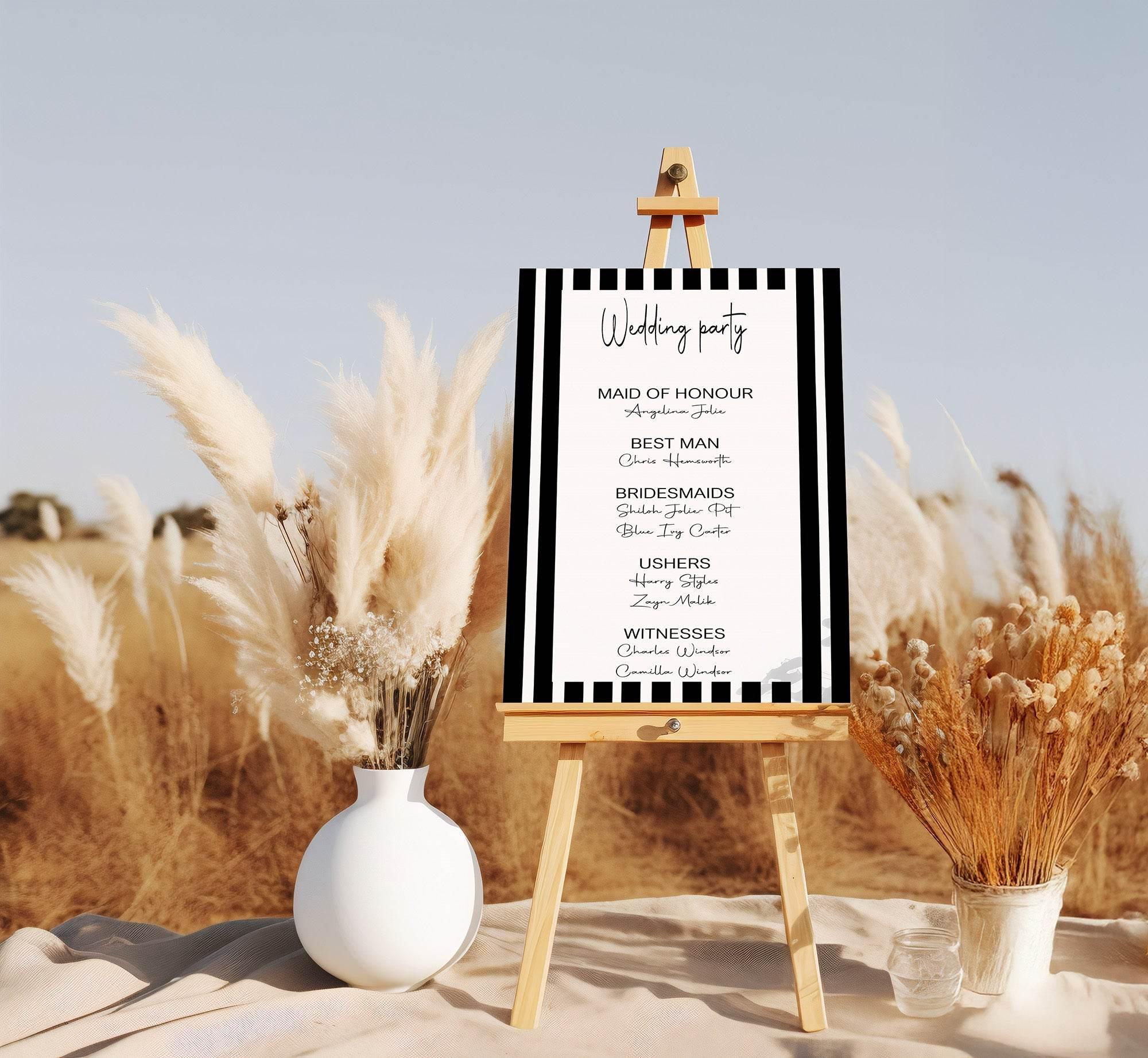 Black & White Stripe Wedding Party Sign - List Special Roles - Larosier Prints