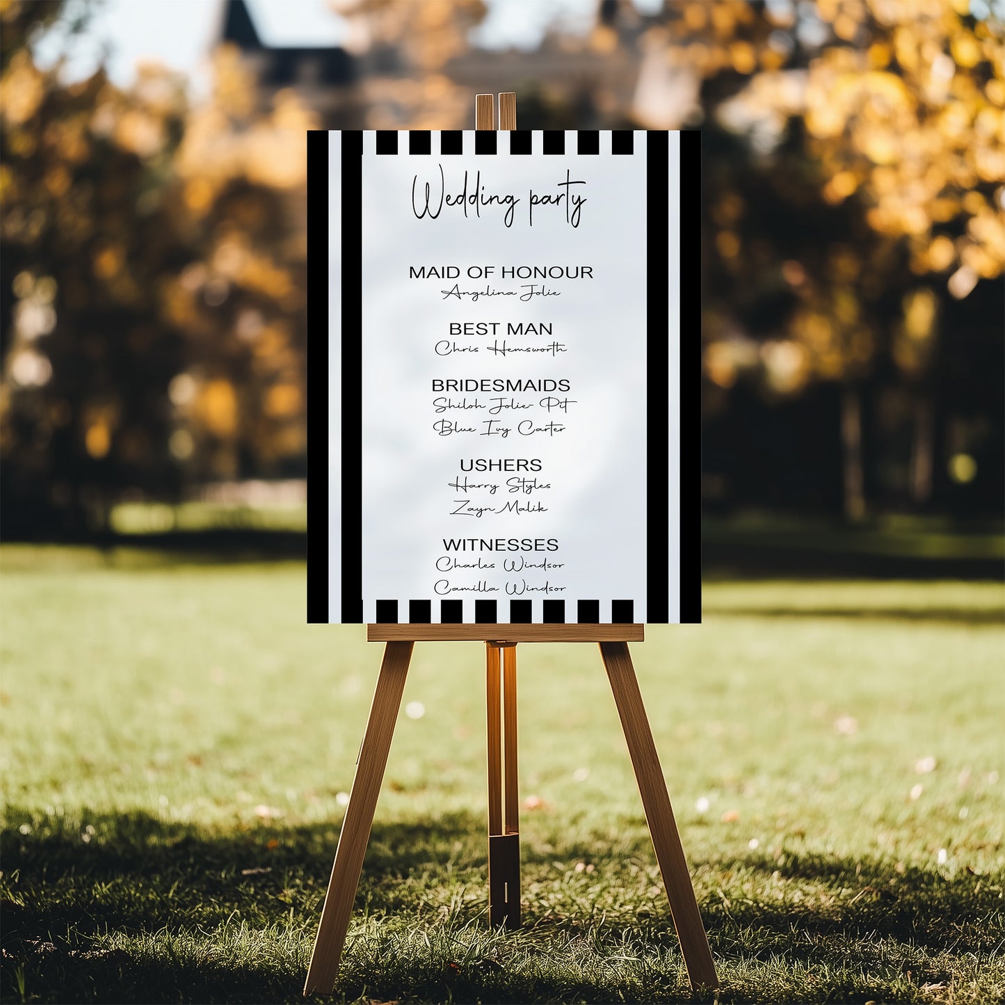 Black & White Stripe Wedding Party Sign - List Special Roles