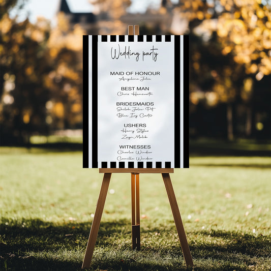 Black & White Stripe Wedding Party Sign - List Special Roles
