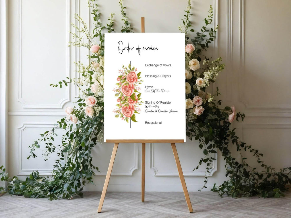 Pink Rose Order Of Service Wedding Party Sign - Larosier Prints
