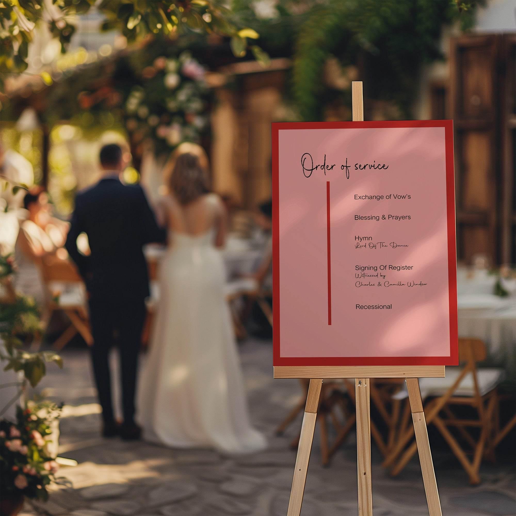 Red & Pink Order Of Service Wedding Party Sign - Larosier Prints