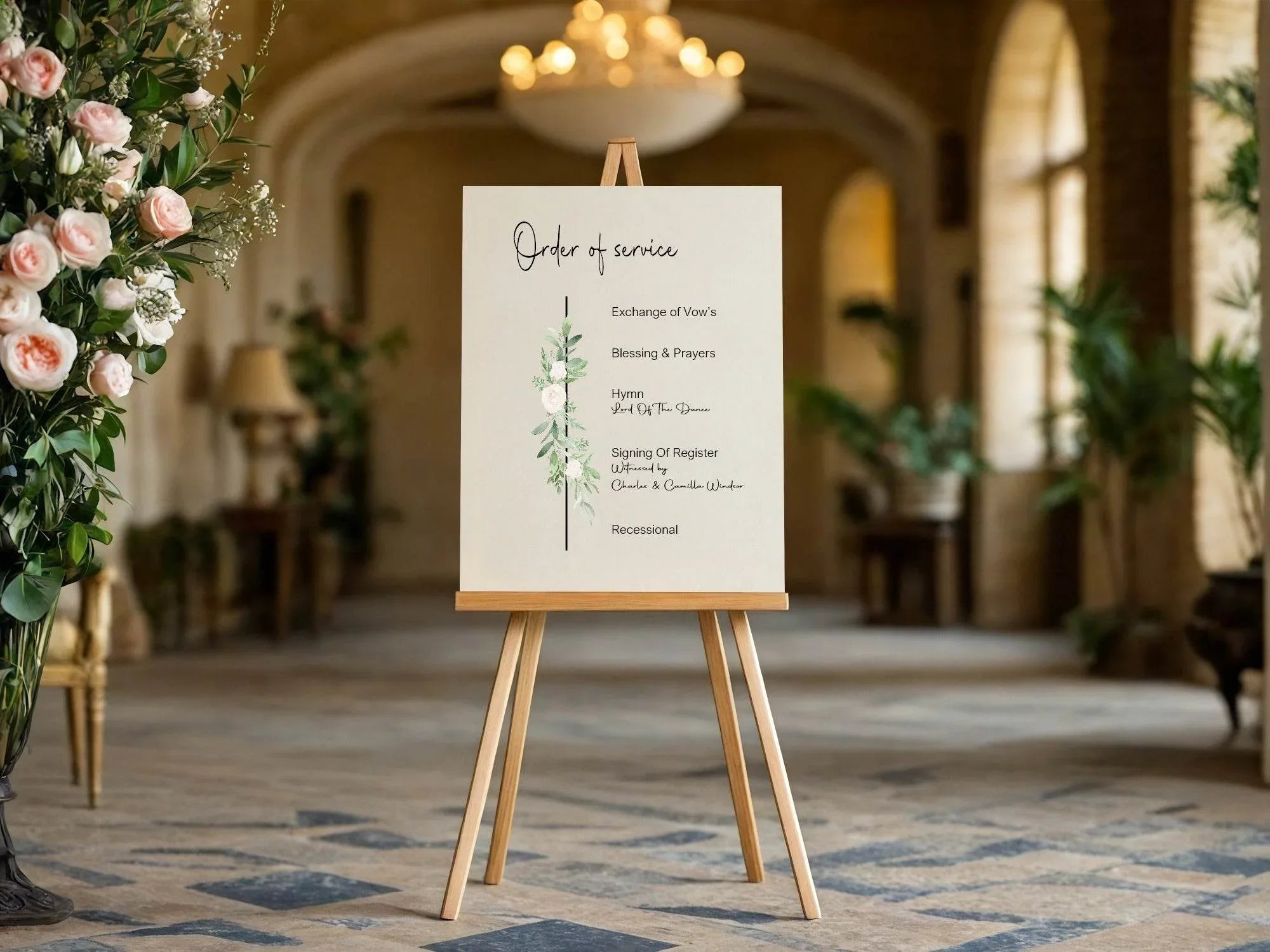 Green & White Rose Order Of Service Wedding Party Sign - Larosier Prints