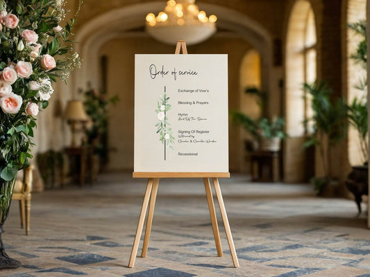 Green & White Rose Order Of Service Wedding Party Sign