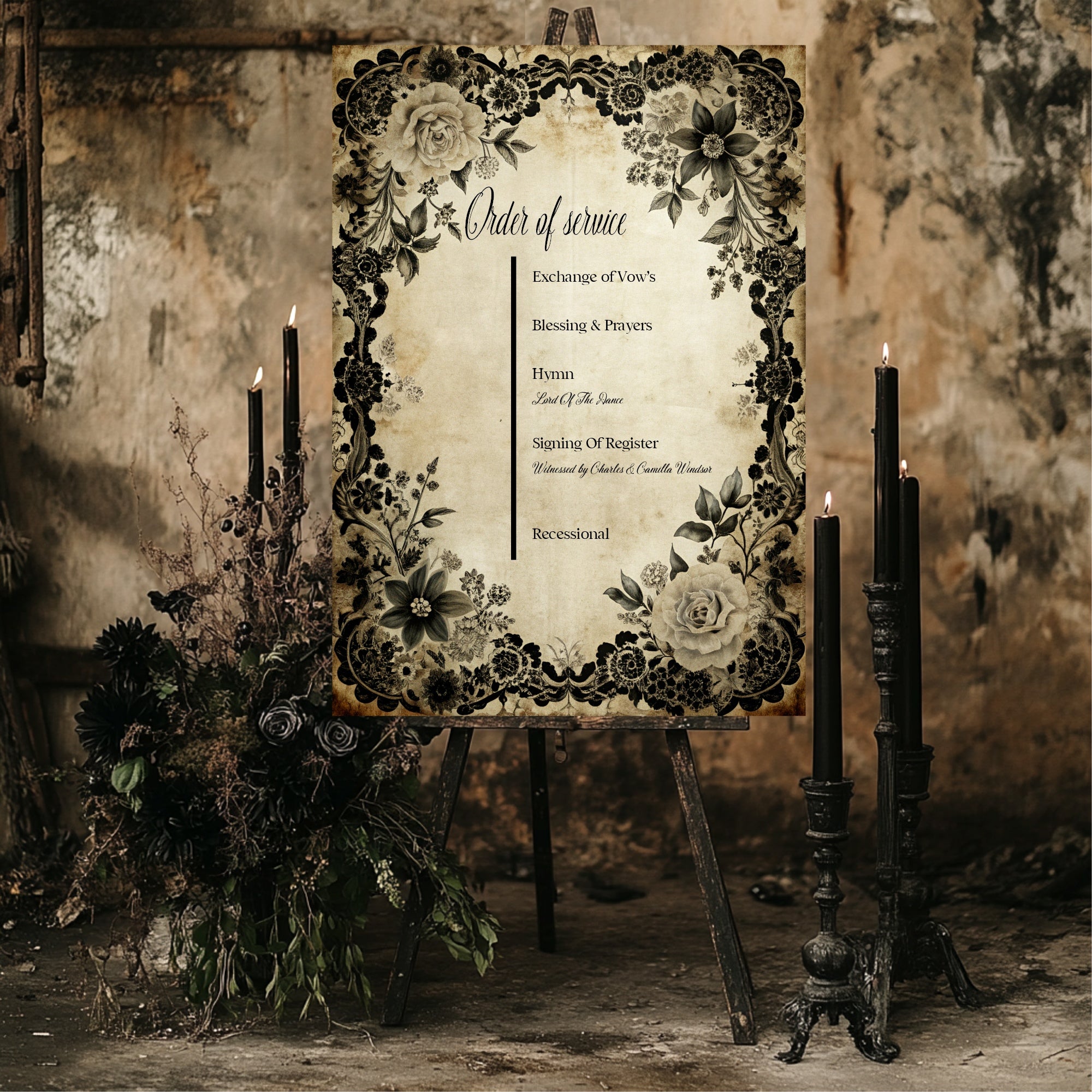 Gothic Engagement Welcome Party Sign | Black Rose