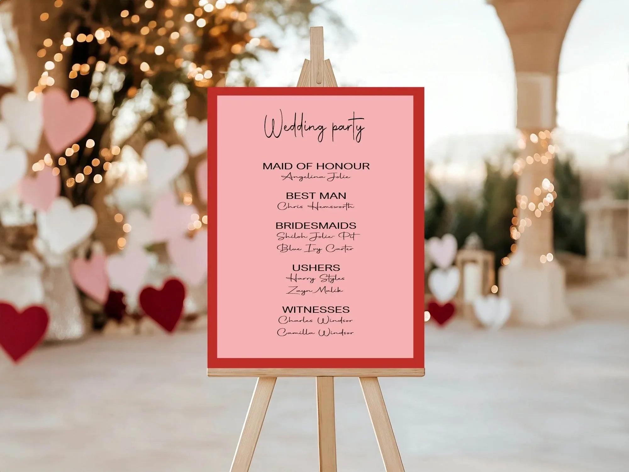 Red & Pink Wedding Party Sign - List Special Roles - Larosier Prints