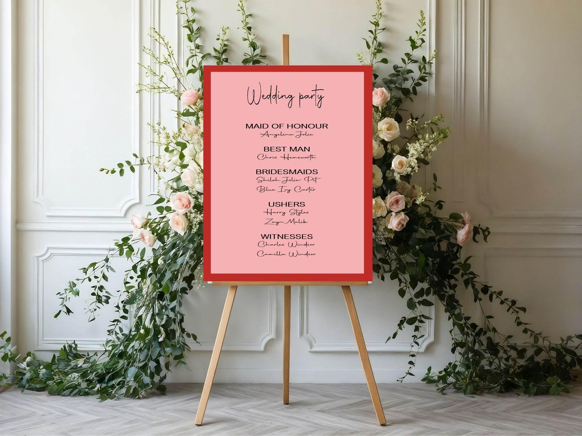 Red & Pink Wedding Party Sign - List Special Roles - Larosier Prints