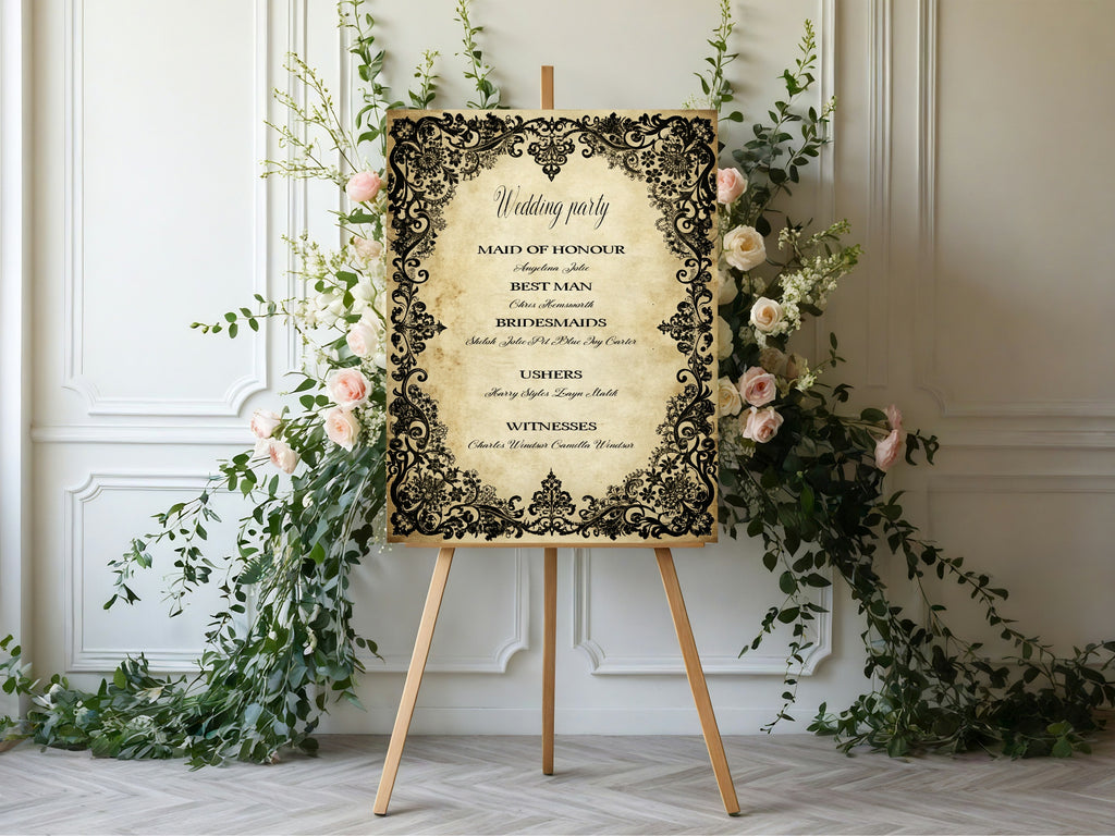 Black Lace Wedding Party Roles Sign