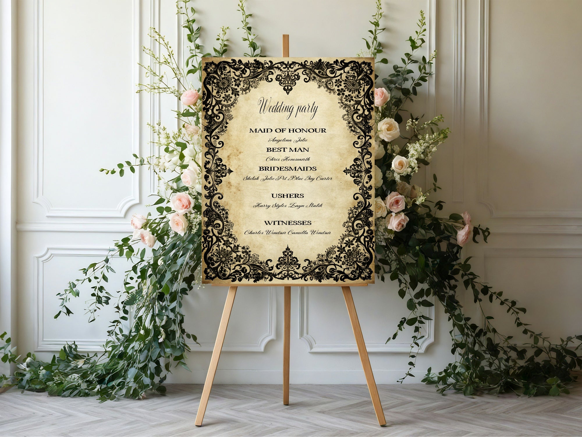 Black Lace Wedding Party Roles Sign