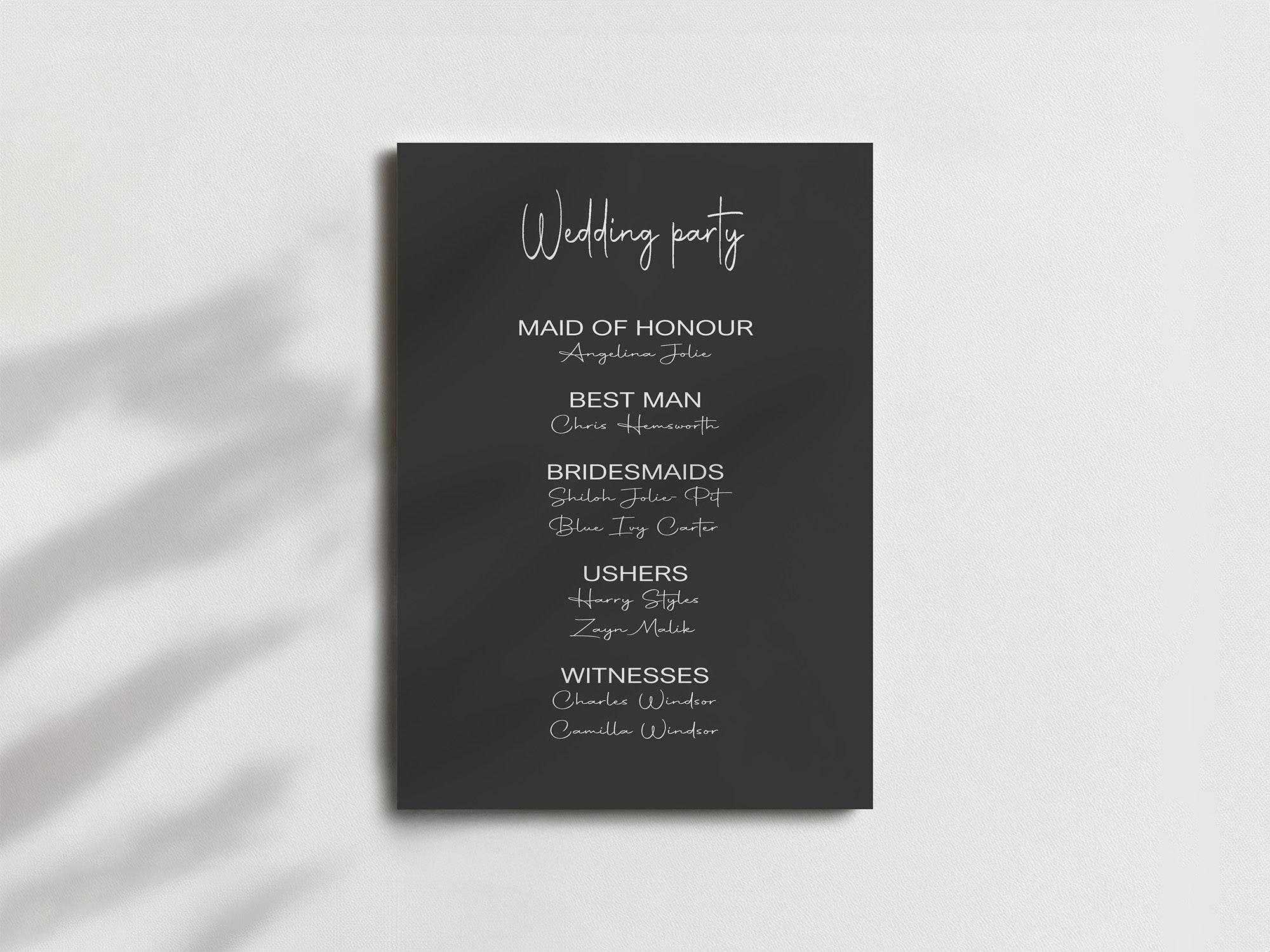 Minimalist Noir Wedding Party Sign - List Special Roles - Larosier Prints