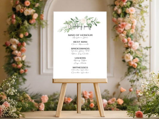 Green & White Rose Wedding Party Sign - List Special Roles