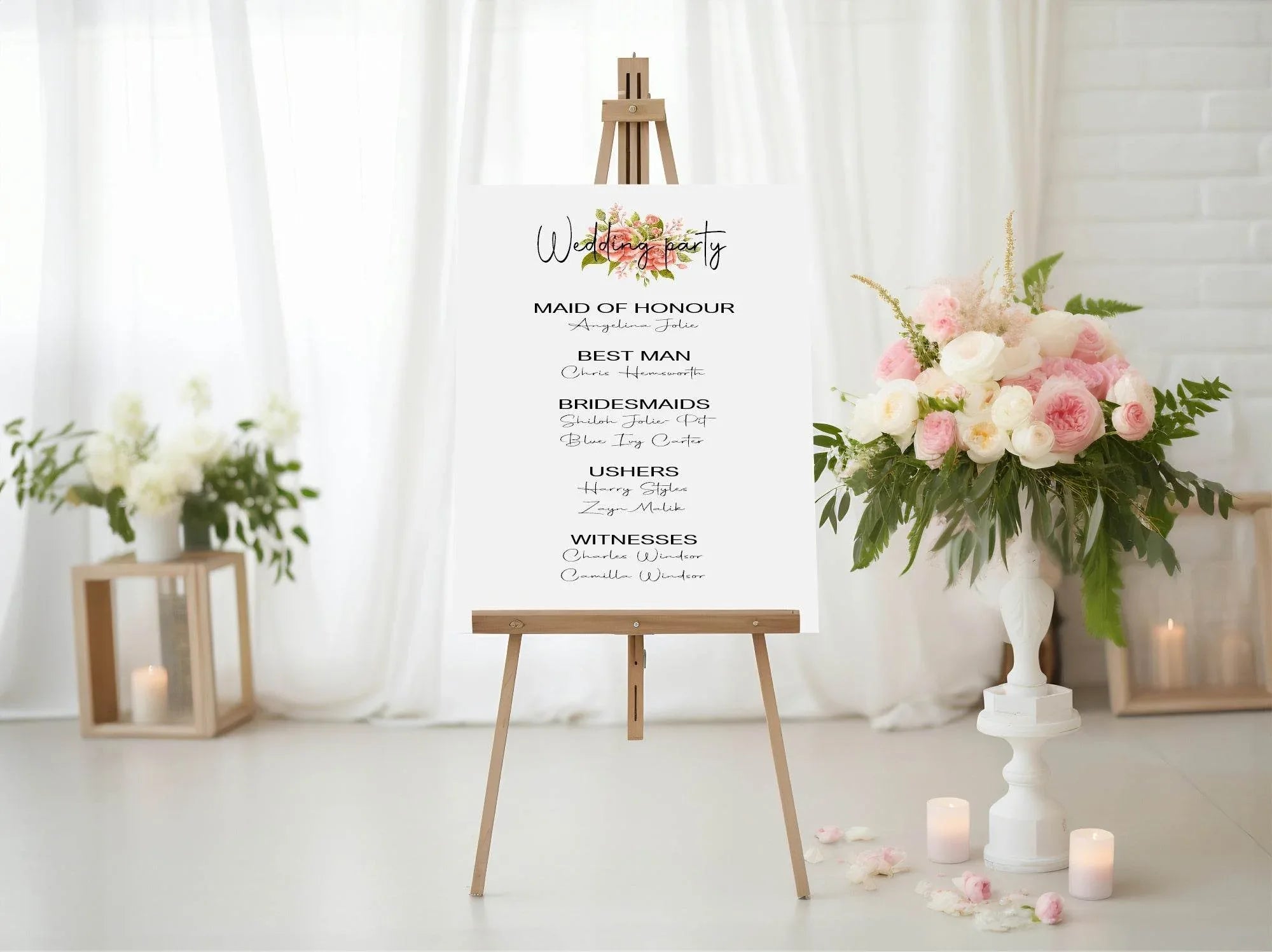 Pink Rose Wedding Party Sign - List Special Roles - Larosier Prints
