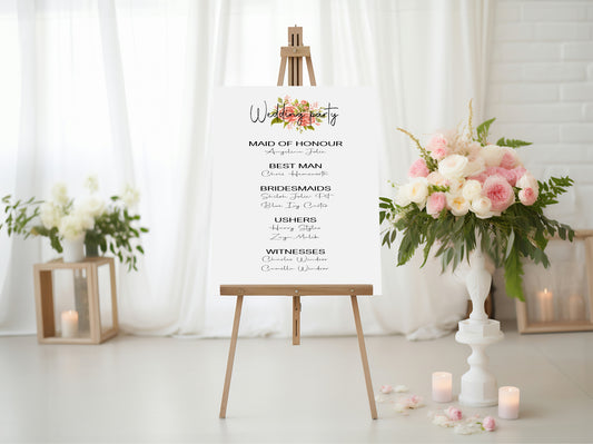 Pink Rose Wedding Party Sign - List Special Roles