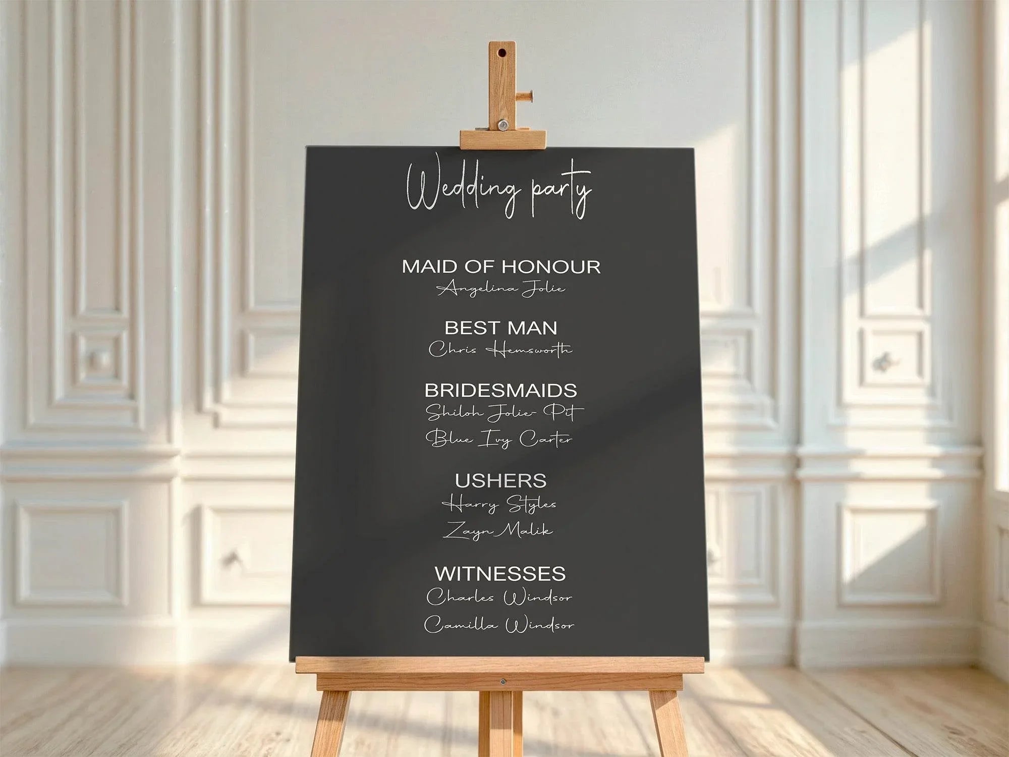 Minimalist Noir Wedding Party Sign - List Special Roles - Larosier Prints
