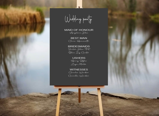 Minimalist Noir Wedding Party Sign - List Special Roles