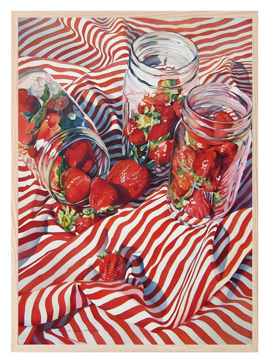 Strawberries in Jars Print | Contemporary Wall Art | Picnic Illustration