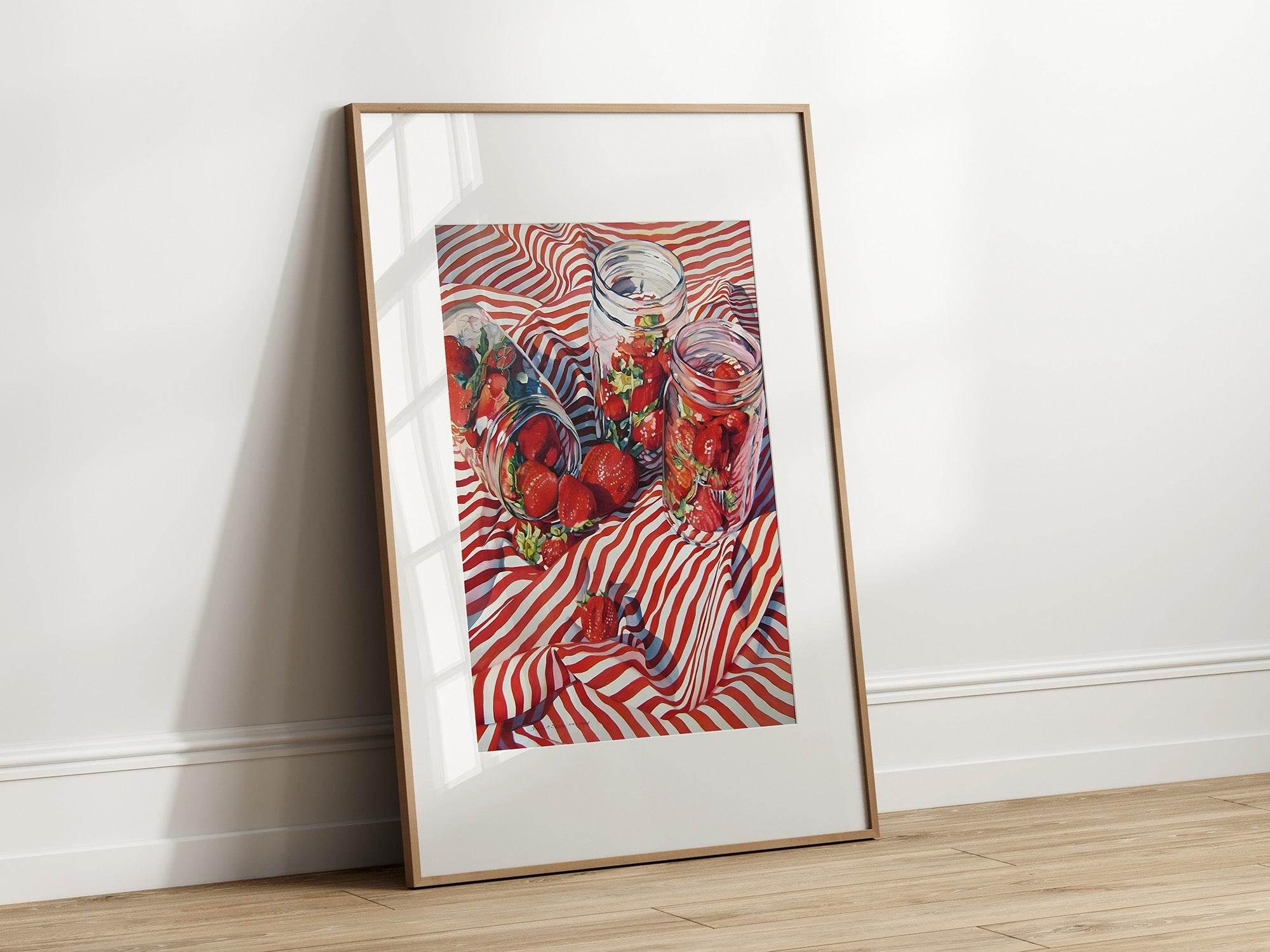 Strawberries in Jars Print | Contemporary Wall Art | Picnic Illustration - Larosier Prints