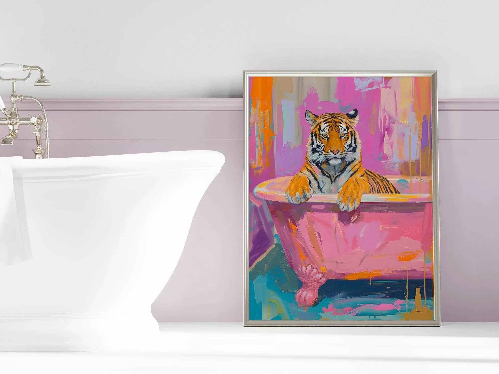 Tiger in Bathtub Print | Colourful Wall Art | Whimsical Animal Illustration - Larosier Prints