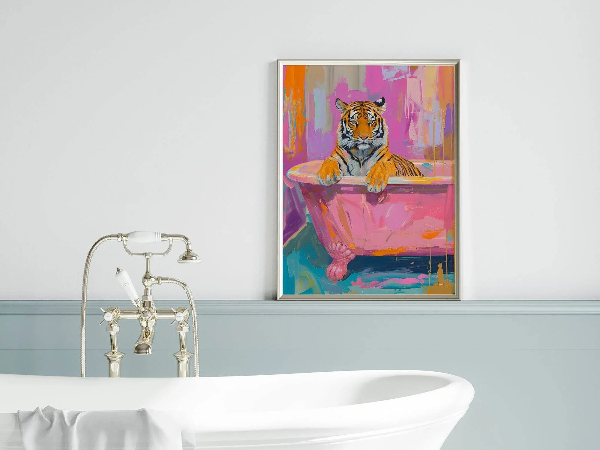 Tiger in Bathtub Print | Colourful Wall Art | Whimsical Animal Illustration - Larosier Prints