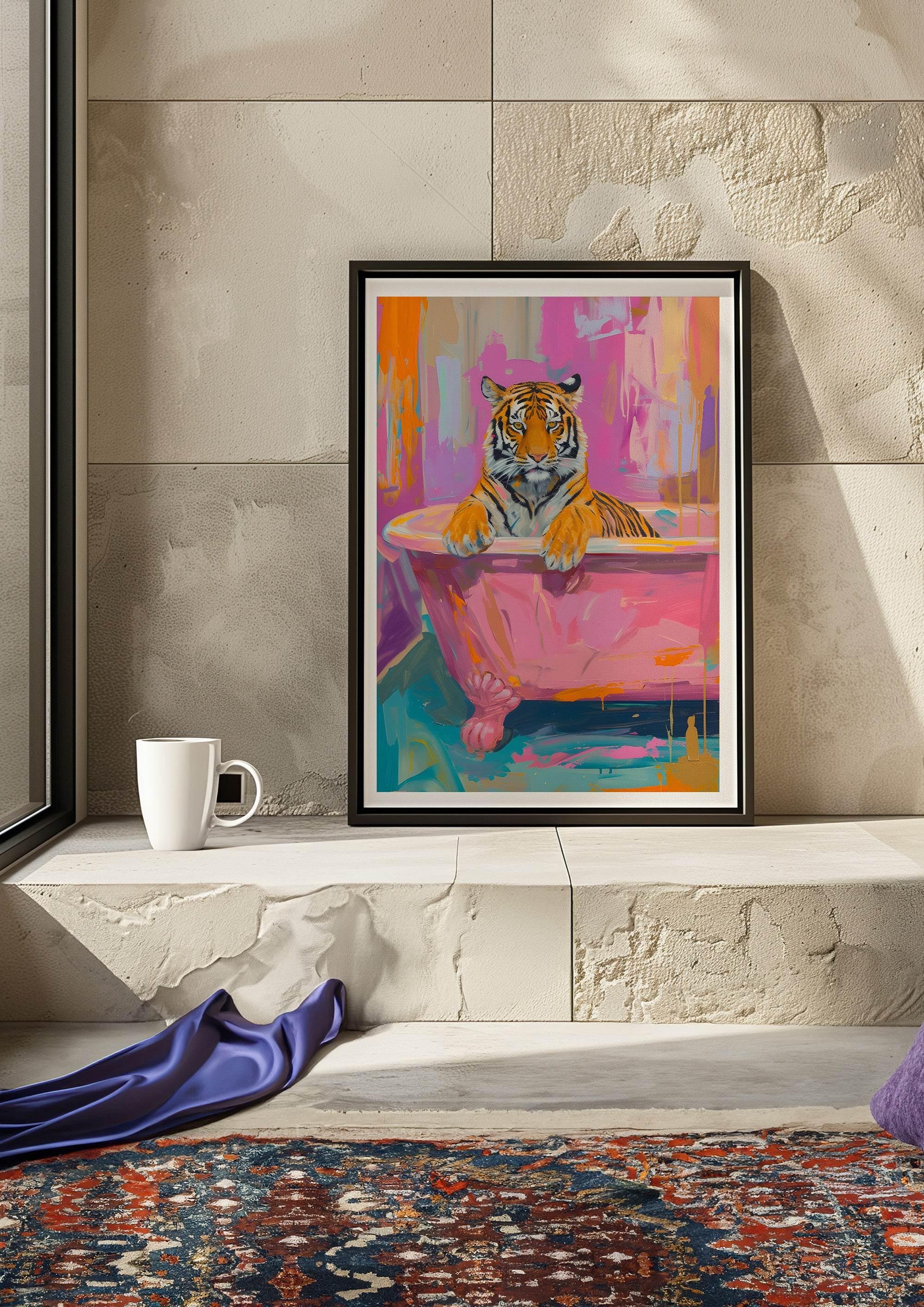 Tiger in Bathtub Print | Colourful Wall Art | Whimsical Animal Illustration - Larosier Prints